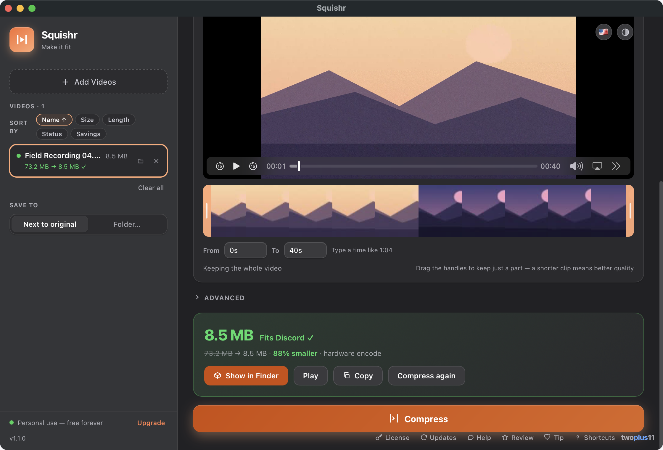 Squishr after encoding — a green banner reading 8.5 MB, Fits Discord, 73.2 MB to 8.5 MB, 88 percent smaller, hardware encode
