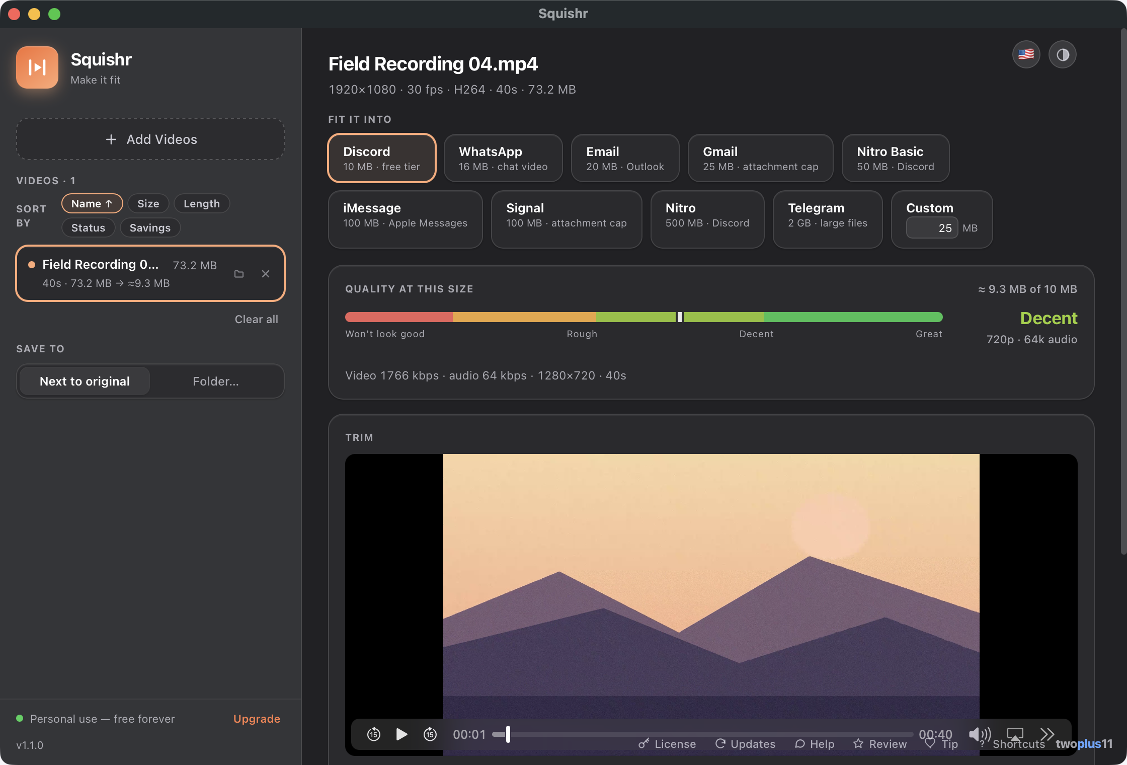 The Squishr window with a 40-second 1920x1080 clip loaded — a row of target chips for Discord, WhatsApp, Email, Gmail, Nitro, iMessage, Signal and Telegram, a quality meter reading Decent at roughly 9.3 MB of 10 MB, and a trim strip under the video preview