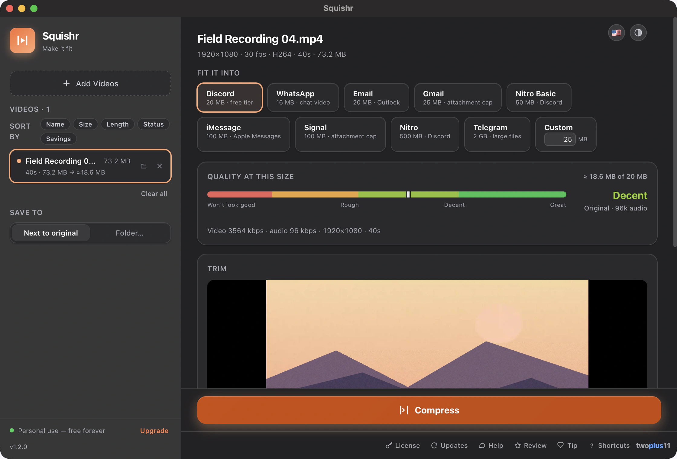 The Squishr window with a 40-second 1920x1080 clip loaded — a row of target chips for Discord, WhatsApp, Email, Gmail, Nitro, iMessage, Signal and Telegram, a quality meter reading Decent at roughly 9.3 MB of 10 MB, and a trim strip under the video preview