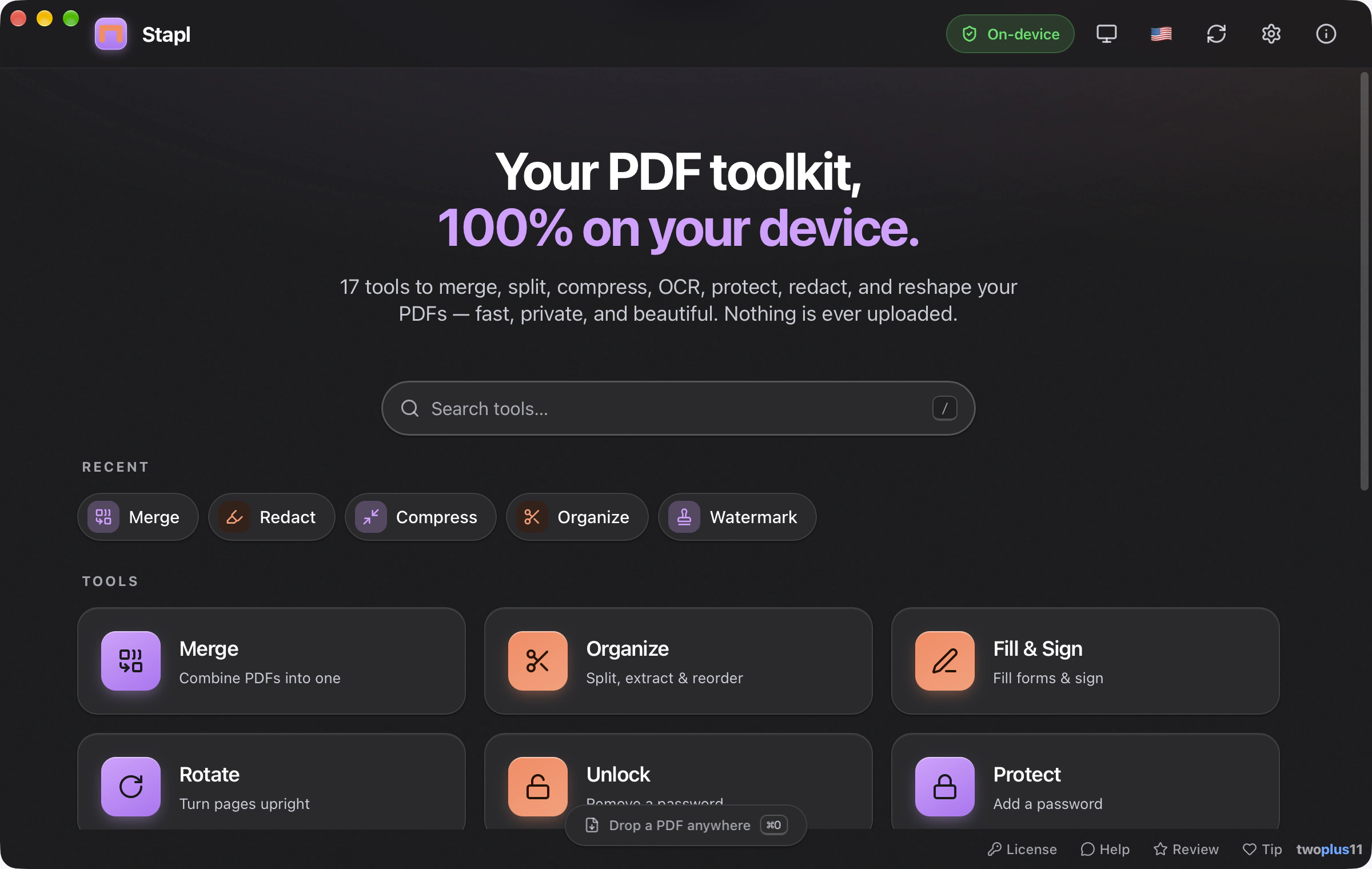 The Stapl window on launch: a search field over a grid of tool cards including Merge, Organize, Fill & Sign, Rotate, Unlock and Protect, a row of recently used tools, and an On-device badge in the toolbar