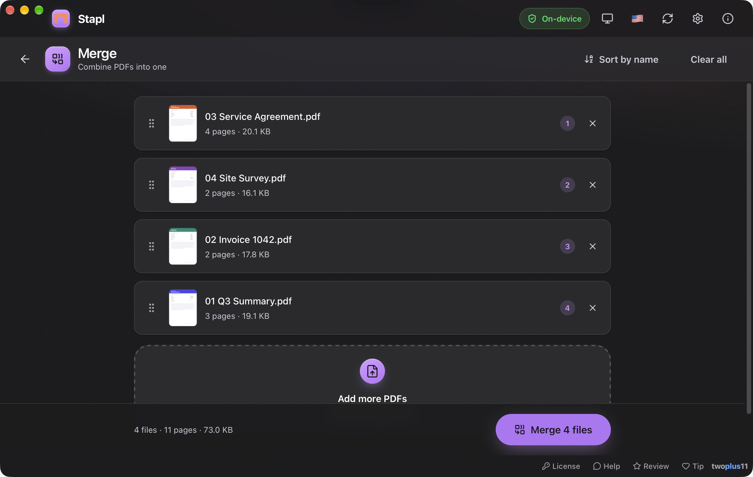 Stapl's Merge queue with four sample PDFs, each row showing a page thumbnail, page count and file size, a drag handle and its position in the order, and a Merge 4 files button totalling 11 pages