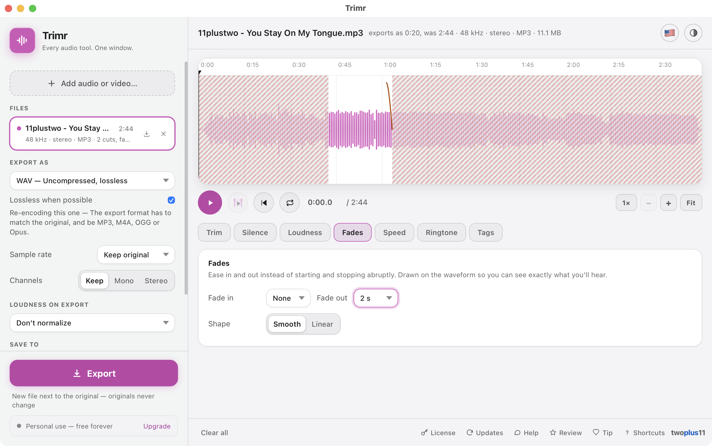 The real Trimr app on a Mac, editing an audio waveform with fades, trim, and loudness tools, ready to export as WAV, MP3, or M4A, entirely on-device