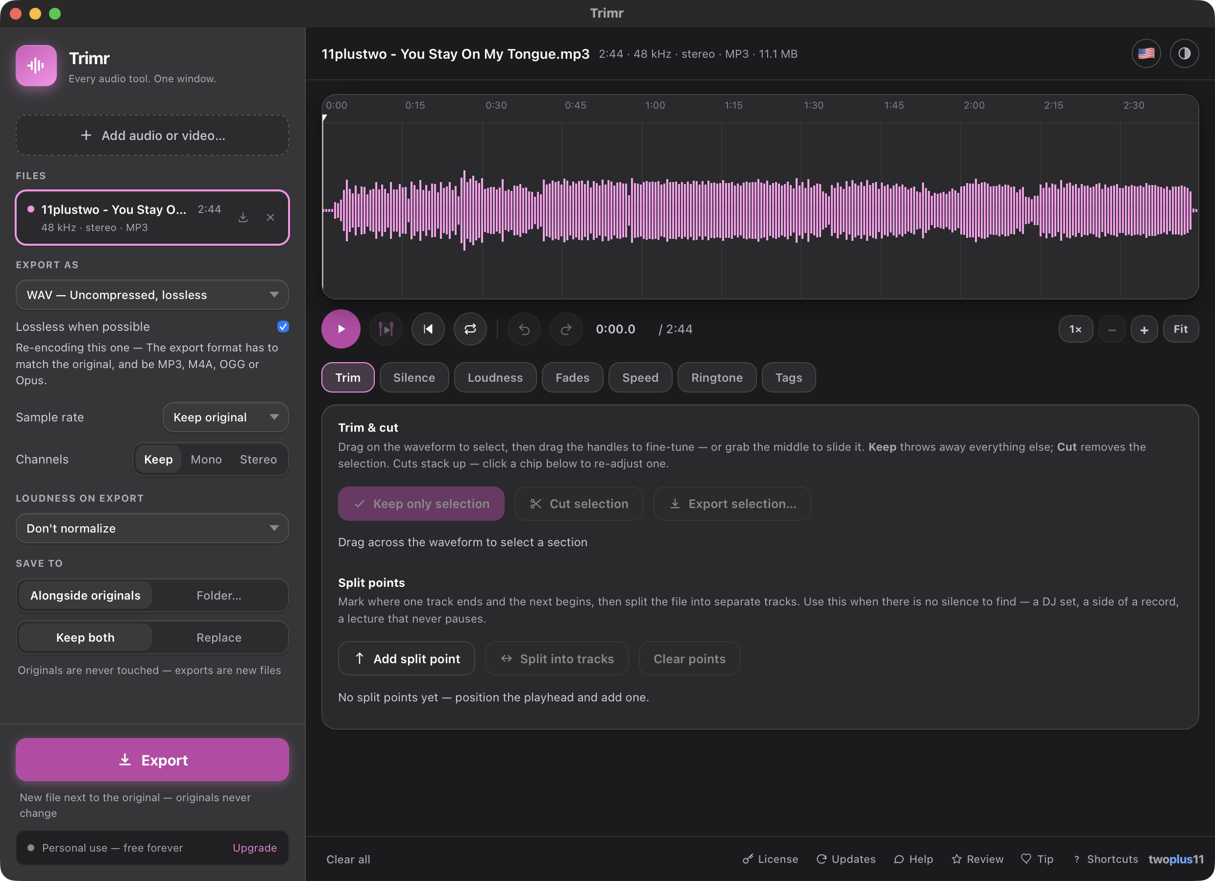 The real Trimr app on a Mac, editing an audio waveform with fades, trim, and loudness tools, ready to export as WAV, MP3, or M4A, entirely on-device
