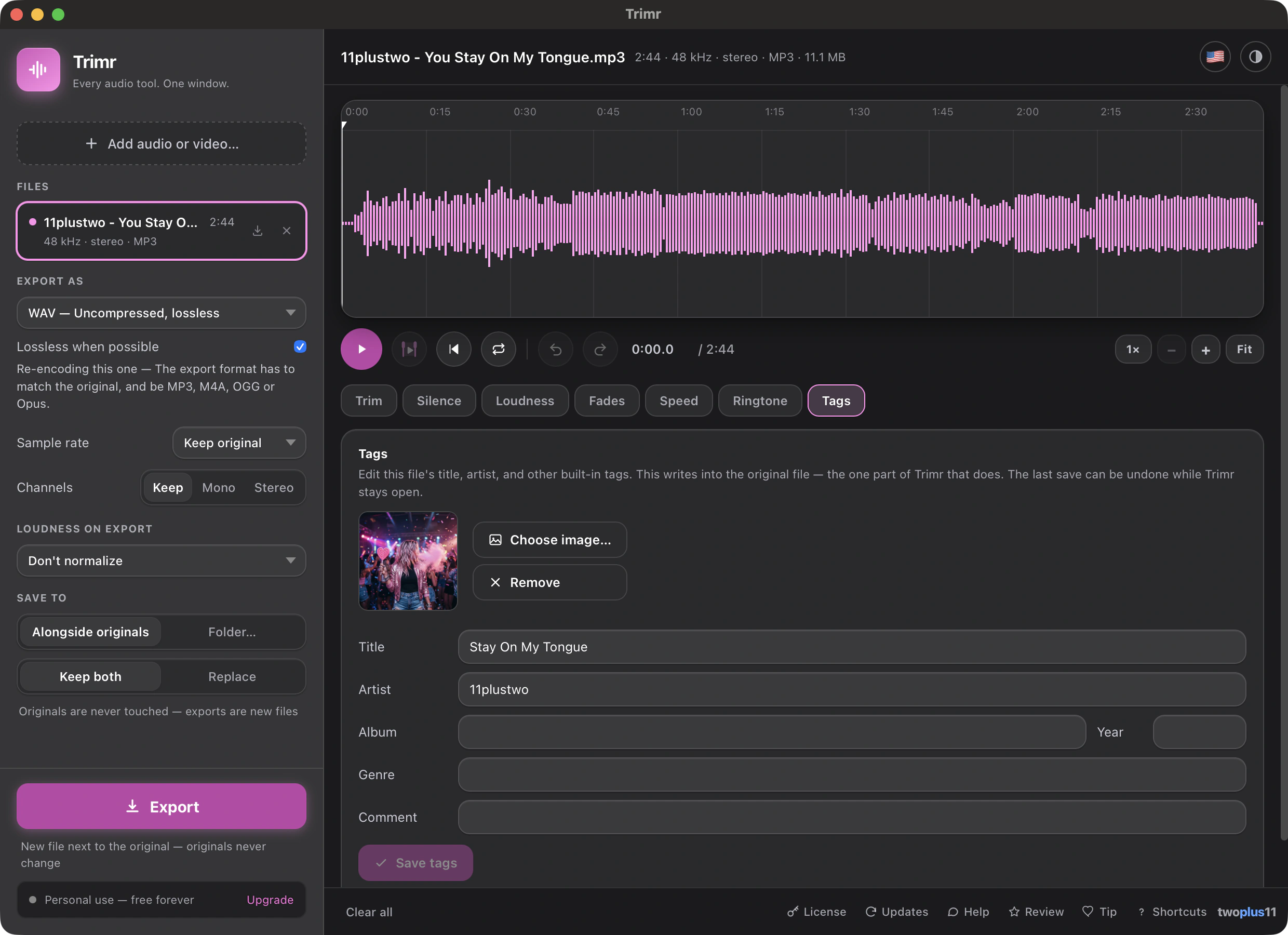 Trimr's Tags panel open next to a song's waveform, editing the title, artist, and cover art of an MP3 and saving them straight to the file