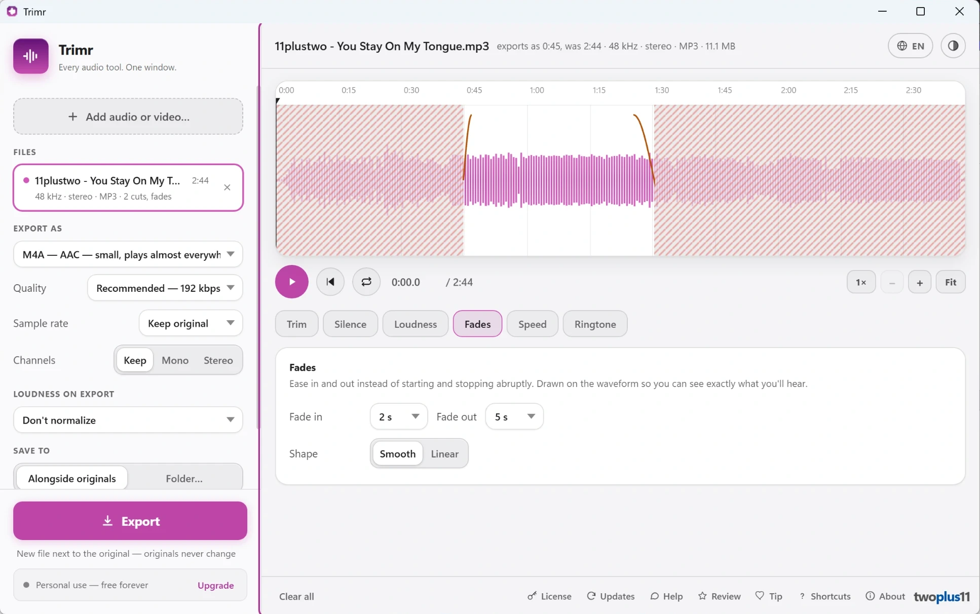 Trimr with 11plustwo - You Stay On My Tongue.mp3 open (2:44, 48 kHz, stereo, MP3, 11.1 MB). The waveform shows a trimmed region with a 2-second fade in and 5-second smooth fade out drawn as orange curves directly on the waveform. Fades tab is active showing Fade in 2 s, Fade out 5 s, Shape Smooth or Linear. Left panel: export as M4A AAC at 192 kbps, alongside originals.