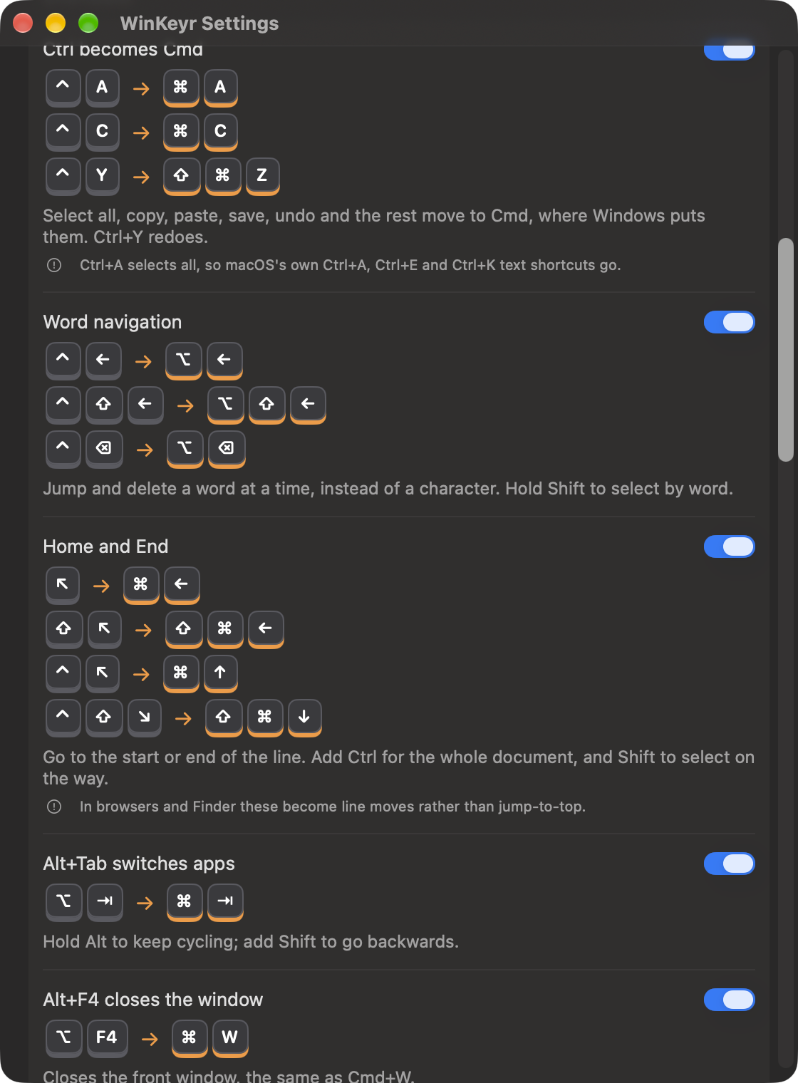 The Shortcuts list in WinKeyr Settings. Each rule has its own switch and a worked example drawn as key caps: Ctrl C becomes Command C, Ctrl Left Arrow becomes Option Left Arrow, Home becomes Command Left Arrow, Option Tab becomes Command Tab, Option F4 becomes Command W, and F2 becomes Return. Two rules also carry a note about what they cost you.