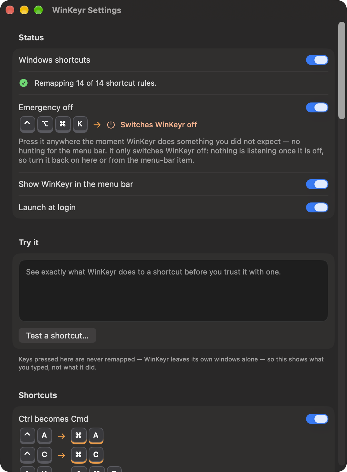 WinKeyr Settings. A Status panel shows Windows shortcuts switched on above the line “Remapping 14 of 14 shortcut rules”, an Emergency off row whose key caps read Control Option Command K, and switches for showing WinKeyr in the menu bar and launching it at login, both on. Below it, a panel headed Try it invites you to test a shortcut before trusting it with one.