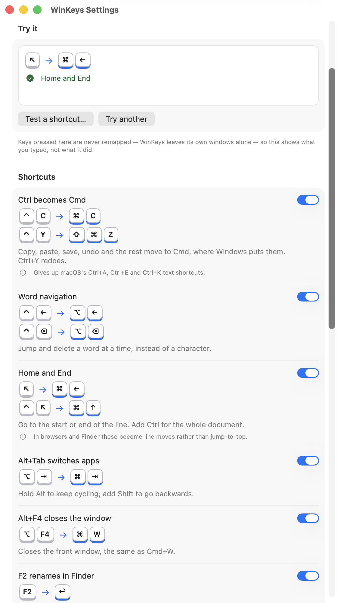 The Shortcuts list in WinKeys Settings. Each rule has its own switch and a worked example drawn as key caps: Ctrl C becomes Command C, Ctrl Left Arrow becomes Option Left Arrow, Home becomes Command Left Arrow, Option Tab becomes Command Tab, Option F4 becomes Command W, and F2 becomes Return. Two rules also carry a note about what they cost you.