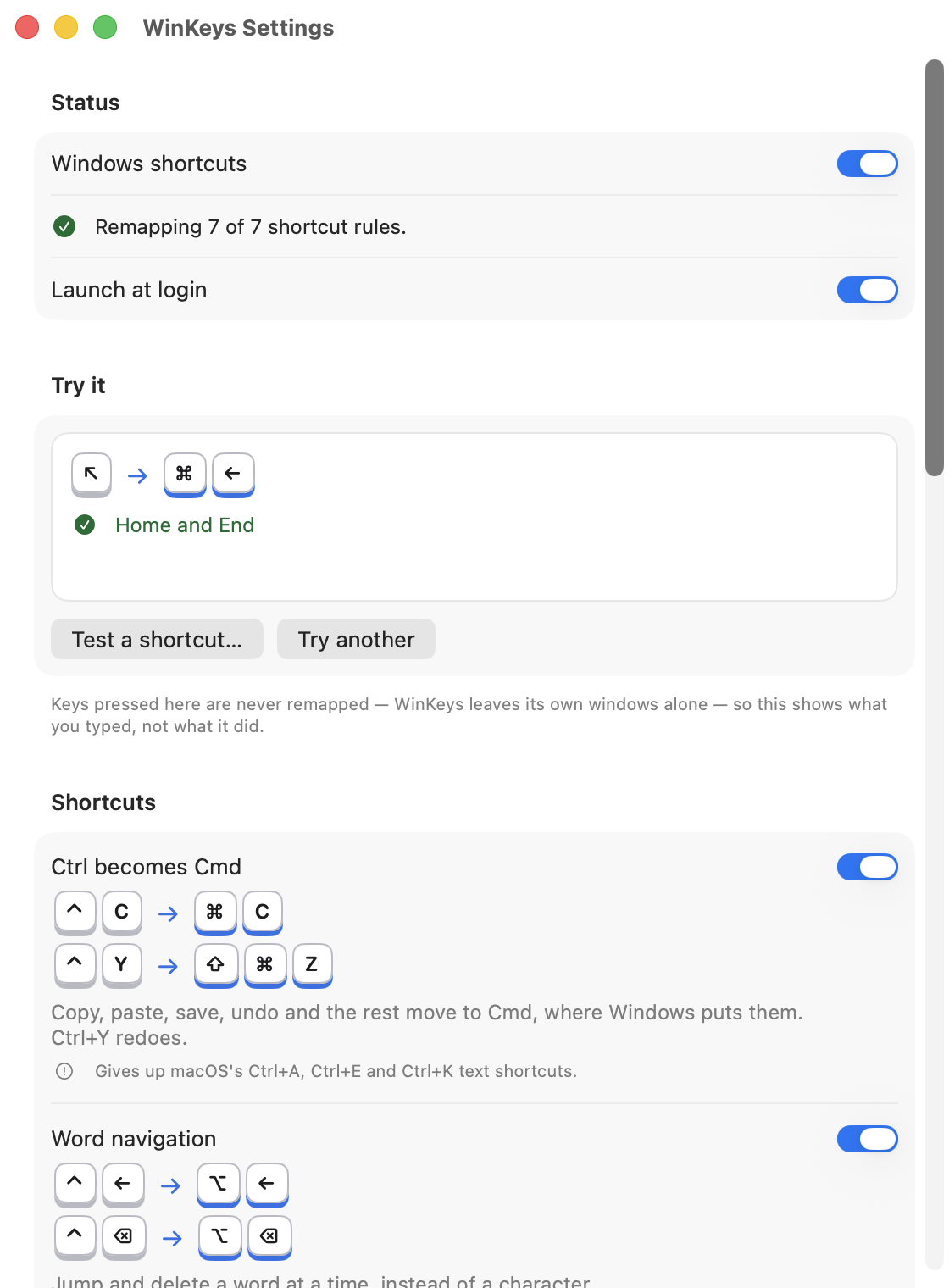 WinKeys Settings. The status line reads “Remapping 7 of 7 shortcut rules.” Below it, a panel headed Try it shows the Home key becoming Command and Left Arrow, drawn as key caps, with a green tick naming the rule that did it: Home and End.